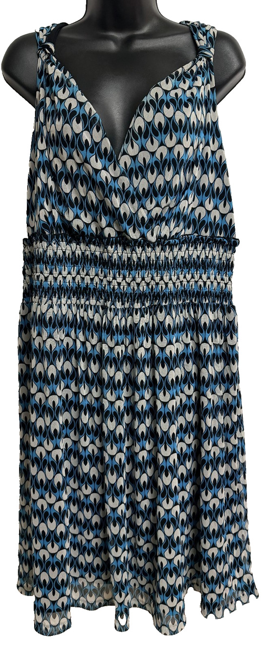 INC International Concepts Sleeveless V-Neck Dress Women 1X Blue Plus Smocked